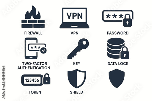 Cybersecurity icons: firewall, vpn, password, and data protection elements