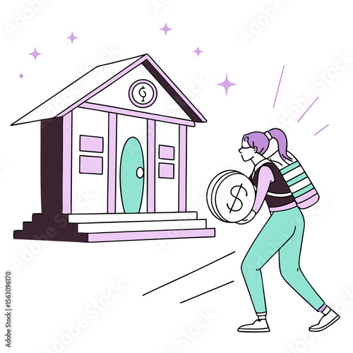 Young woman carrying money towards a bank building in illustration  