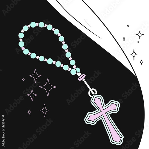 Rosary with cross illustrated in pastel colors on dark background  