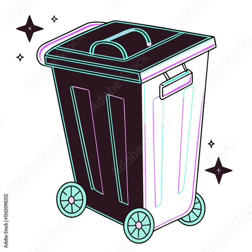Trash can with wheels in minimal glowing outline design  