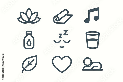 Icons of wellness: yoga, meditation, music, and hydration symbols