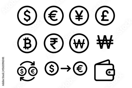 Various currency symbols and wallet icons representing money exchange and transactions