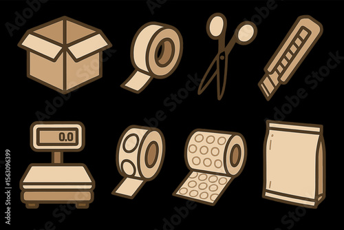 Cartoon packaging supplies on black background: box, tape, scissors, cutter, scale, labels, bag