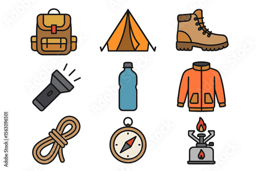 Essential camping gear: backpack, tent, boots, flashlight, water bottle, jacket, rope, compass, camp stove