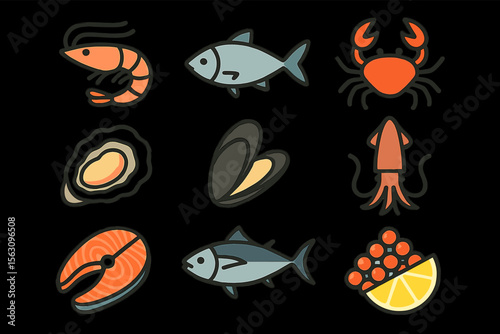 Colorful seafood icons collection featuring fish, shrimp, crab, and more