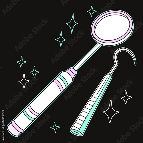 Dental mirror and hook tools in minimal outline design  