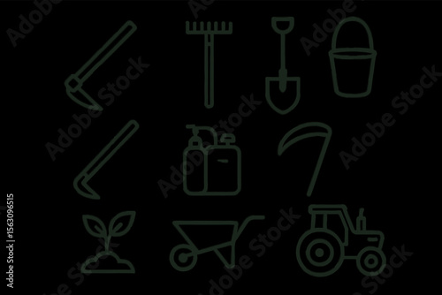 Gardening tools icon set featuring shovel, rake, hoe, tractor, wheelbarrow, scythe, bucket, seedling