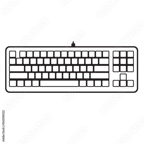 Black line art illustration of a computer keyboard with keys and ornament set