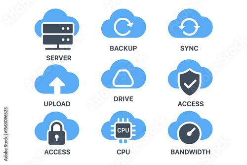 Cloud computing icons: server, backup, sync, upload, drive, access, cpu, bandwidth