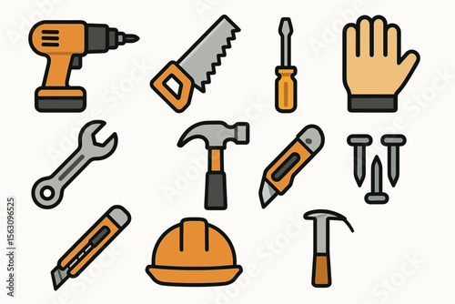 Cartoon construction tools set with hard hat, hammer, and drill illustration