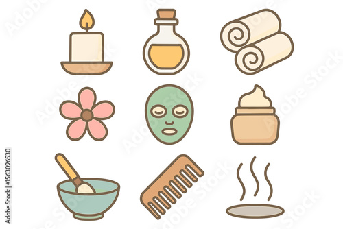 Spa and wellness icons: candle, oil, towels, flower, face mask, cream, bowl, comb, steam