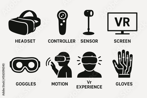 Virtual reality equipment icons: headset, controller, sensor, screen, goggles, motion, gloves