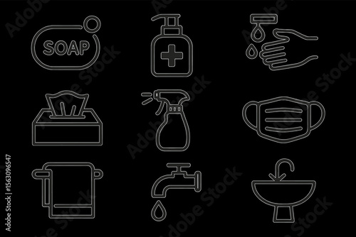 Essential hygiene icons: soap, sanitizer, handwashing, tissues, sprayer, mask, towel, faucet, sink