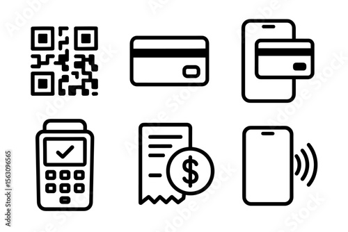 Digital payment icons: qr code, credit card, mobile payment, terminal, receipt, contactless