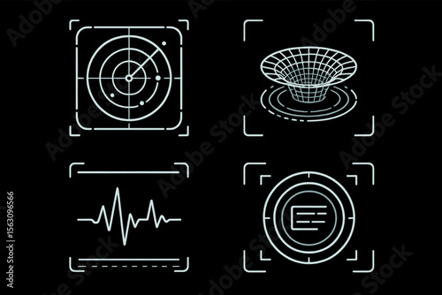 Futuristic hud interface elements with radar, grid, heartbeat, target icons