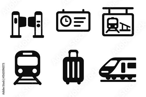 Public transportation icons: train, turnstile, luggage, information sign, schedule