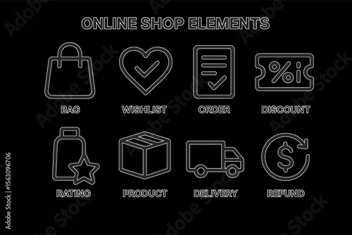 Online shopping icons: bag, wishlist, order, discount, rating, product, delivery, refund