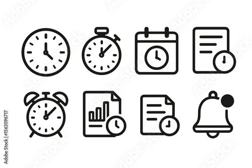 Set of time management icons featuring clocks, calendar, and bell