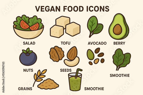 Vegan food icons: salad, tofu, avocado, berries, nuts, seeds, grains, smoothie