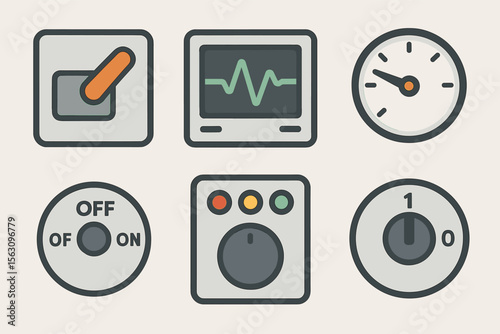 Set of control panel symbols including switches, knob, and display gauge
