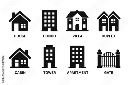 Types of buildings icons: house, condo, villa, duplex, cabin, tower, apartment, gate