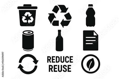 Recycling symbols: reduce, reuse with icons for bottles, cans, and sustainability