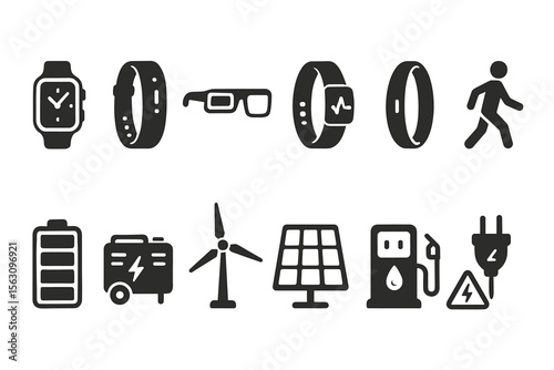 Smart devices and renewable energy icons set with wearables and power sources