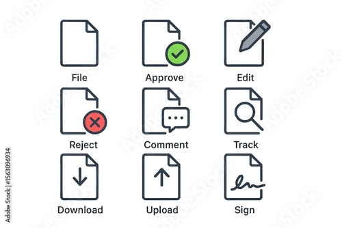 Document management icons: approve, reject, edit, comment, track, download, upload, sign