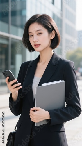 Professional woman in a business suit holding a smartphone and documents outside an office building. Free Download Professional woman in a business suit holding a smartphone and documents outside an office building. - GFXLoad