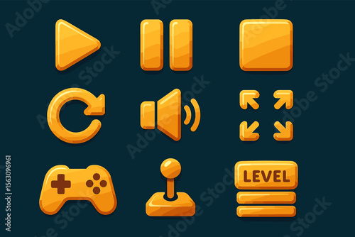 Orange gaming icons set: play, pause, sound, controller, joystick, level, arrows