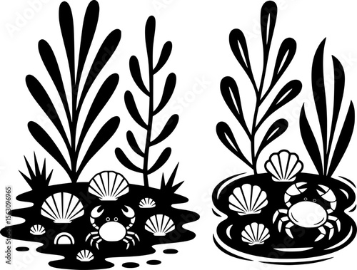Bold black silhouette of a miniature tide pool with seaweed and crab, perfect for summer coastal designs