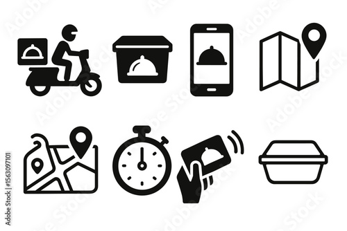 Food delivery icons set featuring scooter driver, gps, timer, mobile order, and takeout box