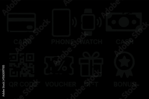 Modern payment methods and reward icons: card, phone, watch, cash, qr code, voucher, gift, bonus
