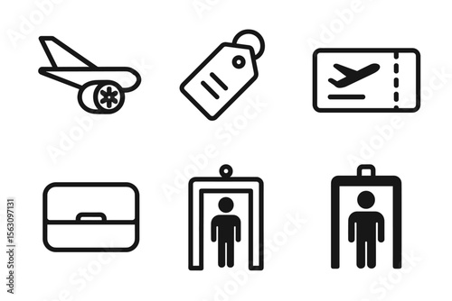 Air travel essentials: luggage tag, boarding pass, security icons