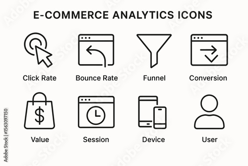 E-commerce analytics icons: click rate, bounce rate, funnel, conversion, value, session, device, user