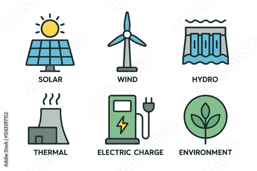 Icons of renewable energy: solar, wind, hydro, thermal, electric charge, environment