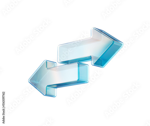 Transparent glass-like 3D bidirectional arrows symbolizing exchange and transfer. 3d illustration