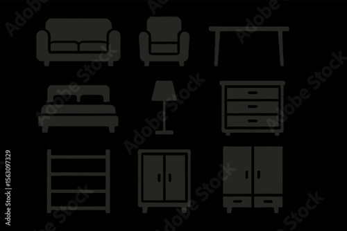 Silhouette icons of home furniture: sofa, chair, table, bed, lamp, and cabinet designs