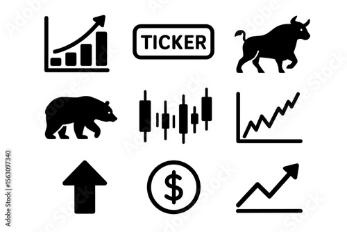 Stock market icons: bull, bear, graphs, and financial symbols