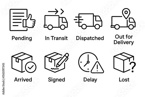 Package tracking icons: delivery status from pending to lost