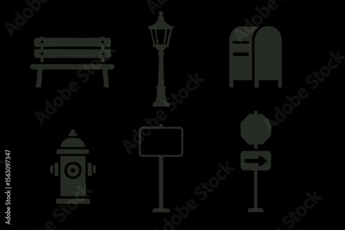Set of urban objects: bench, streetlight, mailbox, fire hydrant, signpost, stop sign