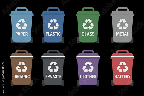 Set of color-coded recycling bins for different waste types on black background