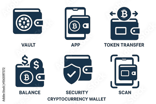 Cryptocurrency wallet icons show features like vault, app, token transfer, balance, security