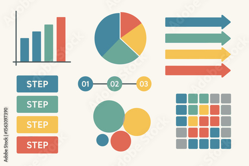 Colorful business infographics: bar graph, pie chart, arrows, steps, data visualization elements