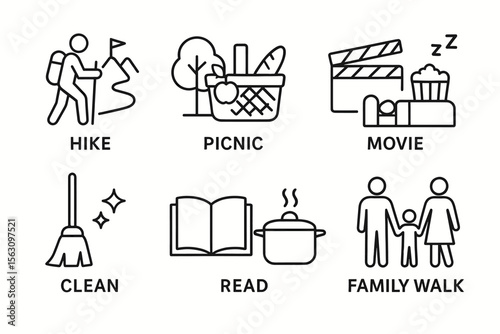 Icons illustrating outdoor activities and leisure: hiking, picnic, movie night, cleaning, reading, family walk