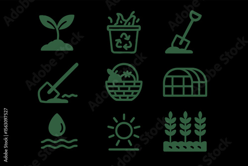 Green agriculture icons: plants, recycling, tools, and sustainable farming symbols