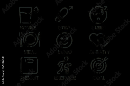 Health and wellness icons: water, step, sleep, meal, mood, activity, weight, exercise, goal