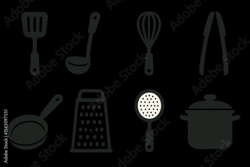 Silhouettes of essential kitchen utensils on a black background