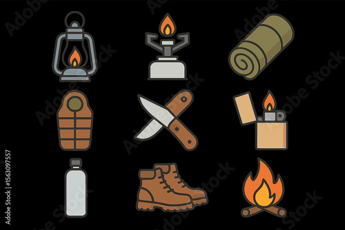 Camping essentials: lantern, stove, sleeping bag, knife, boots, campfire, water bottle, lighter, mat icons