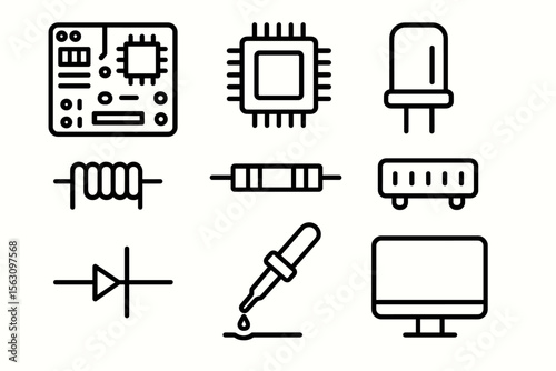 Line icons of electronic components: simple circuit designs and symbols